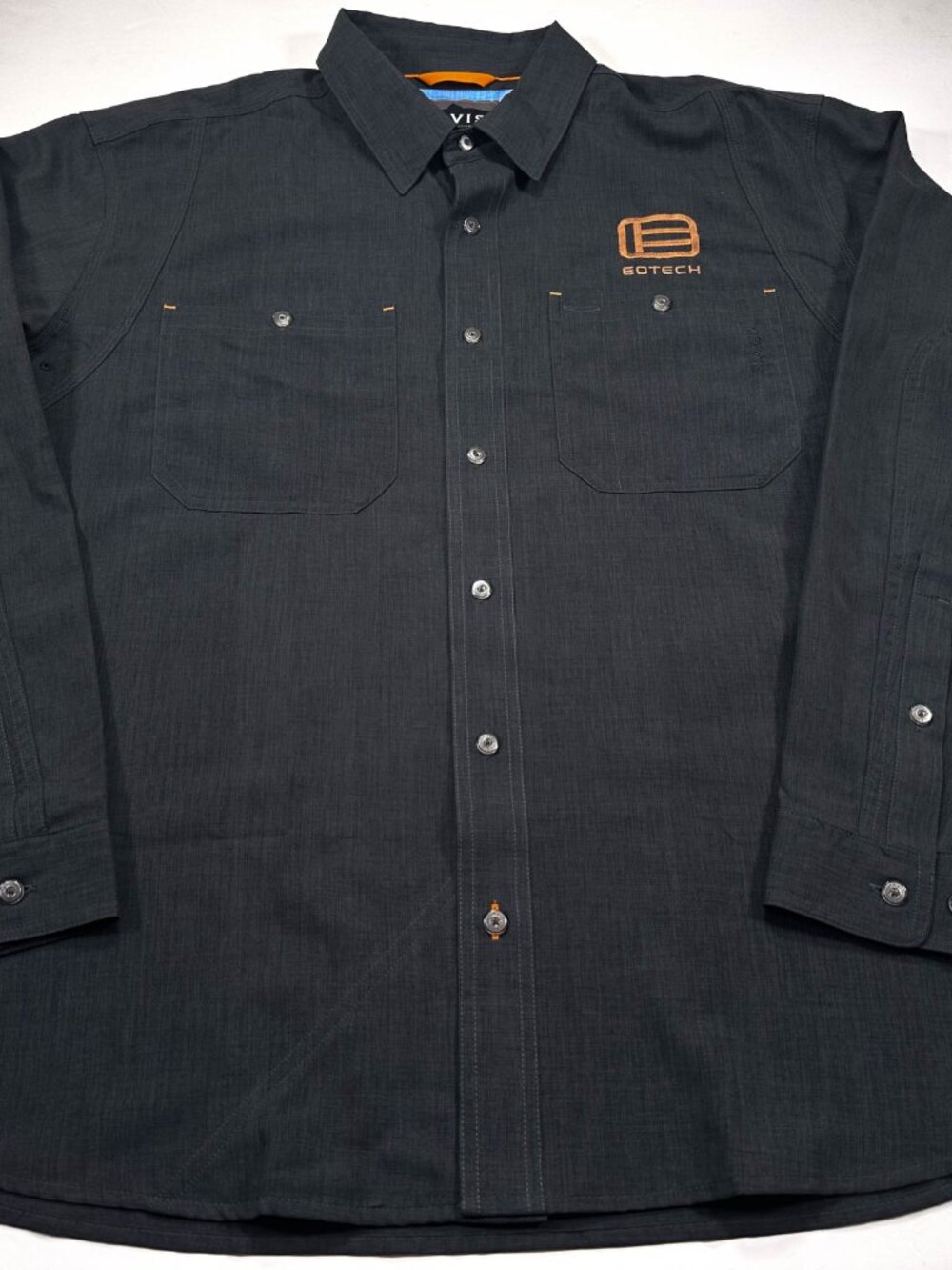 Orvis Tech Chambray Shirt XL Active Fit Black Gray EOTECH 2nd Amendment 2A - Picture 2 of 5